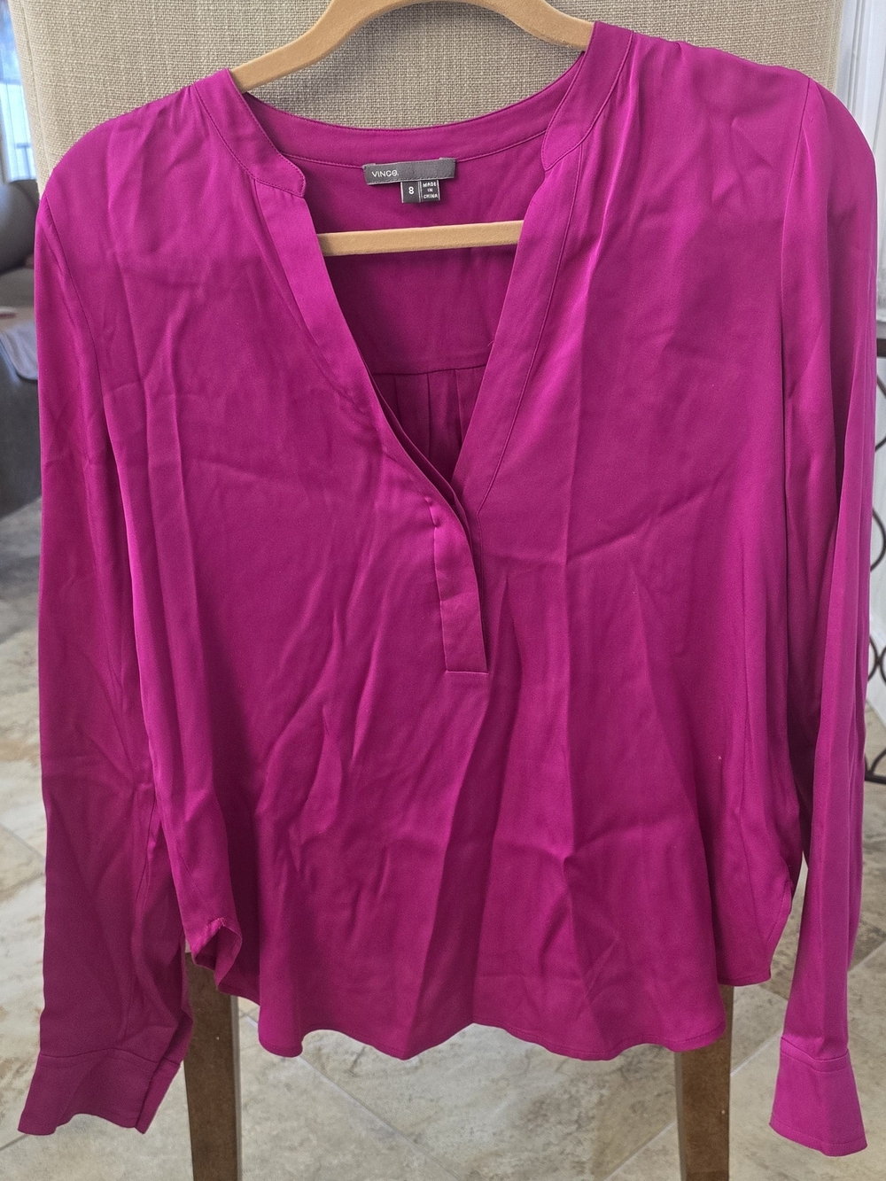 Vince Fuchsia Split-Neck Long Sleeve Blouse